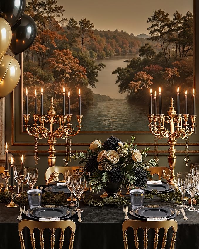 Nervure 350PCS Black Plastic Plates - Black Plastic Dinnerware Sets for 50 Guests - 100 Disposable Plates, 150 Gold Silverware, 50 Cups, 50 Napkins for Wedding & Party & New Year