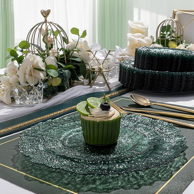 U-QE 60PCS Clear Green Plastic Plates - Green Plates Disposable Heavy Duty - Disposable Plastic Plate for Party, Weddings and Formal Occasions Including 30 Dinner Plate 10" & 30 Appetizer 7"