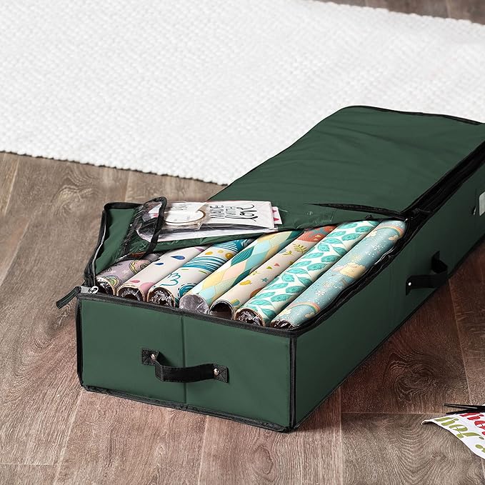 ZOBER Gift Wrapping Paper Organizer Storage - 40" Gift Wrap Storage Containers with Interior Pockets for Bows, Tags & Ribbons - Wrapping Paper Holder, 600D Oxford, Fits 24 Standard Rolls, Green/Black