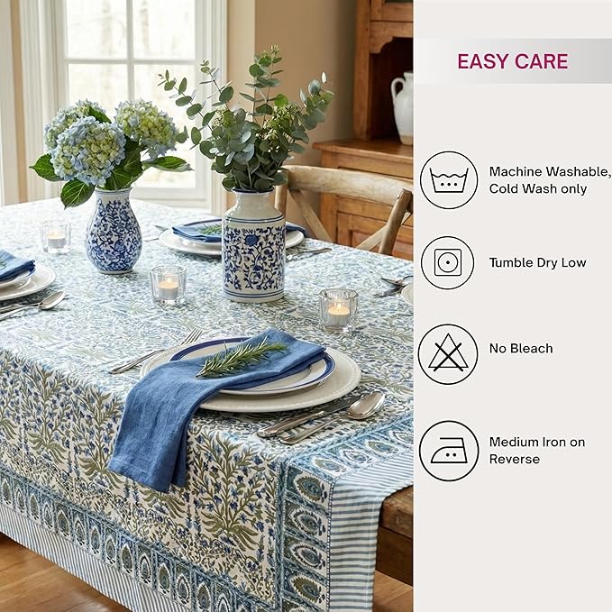 ATOSII Nargis Blue 100% Cotton Rectangle Summer Tablecloth, Indian Block Print Floral Table Cloth I Dining Parties Weddings Outdoors Holidays 60 X 108 Inches 8 Seater I Grandmillennial Farmhouse Boho