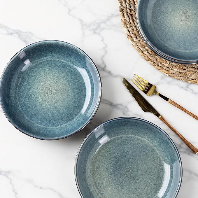 AmorArc 8.5'' Large Ceramic Pasta Bowls Set, 36oz Stoneware Bowls Set of 4 for Kitchen, Reavtive Glaze Bowls-Microwave, Dishwasher Safe for Pasta,Salad,Oatmeal-Ceylon Blue
