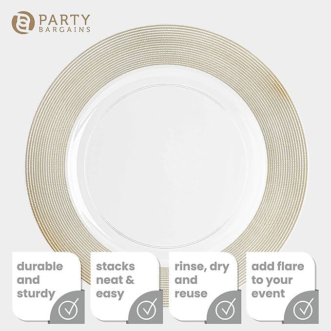 PARTY BARGAINS 13-Inch Charger Plates - 96 Pack, Clear Gold Rope Textured Rim, Heavy-Duty Disposable Chargers for Elegant Dining - Ideal for Weddings and Formal Events