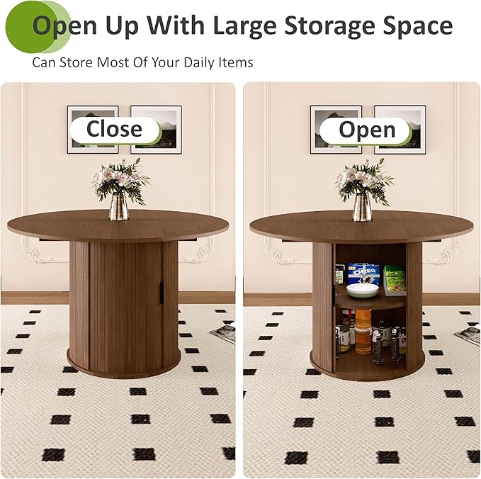 Extendable Round/Oval Dining Table Seats 2-4-6, 59" Modern Farmhouse Design with 2-Tier Storage & Fluted Slide Door, Dining Room Kitchen Furniture (Walnut, 59 inches)