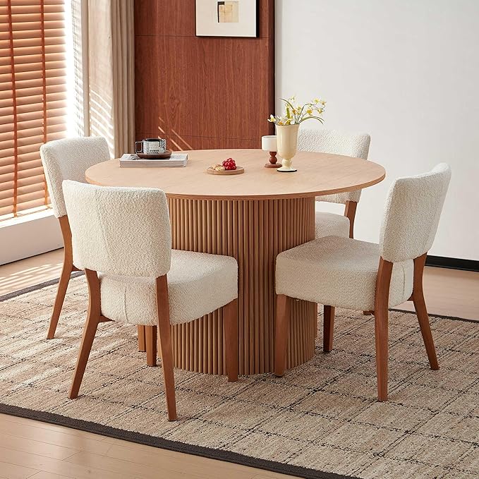 Howtek 5-Piece Modern Dining Room Set, 47" Round Dining Table and 4 Space-Saving Upholstered Stackable Dining Chairs, Kitchen Table and Chairs Set for Home, Kitchen, Living Room (Oak/White)