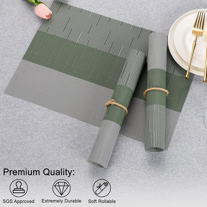 Placemats Set of 6, Vinyl Woven Place Mats Indoor Set of 6 Washable Wipeable PVC Table Mats Heat-Resistant Non Slip Placemat for Kitchen Dining Outdoor Table (Gray Sage Green, Set of 6)
