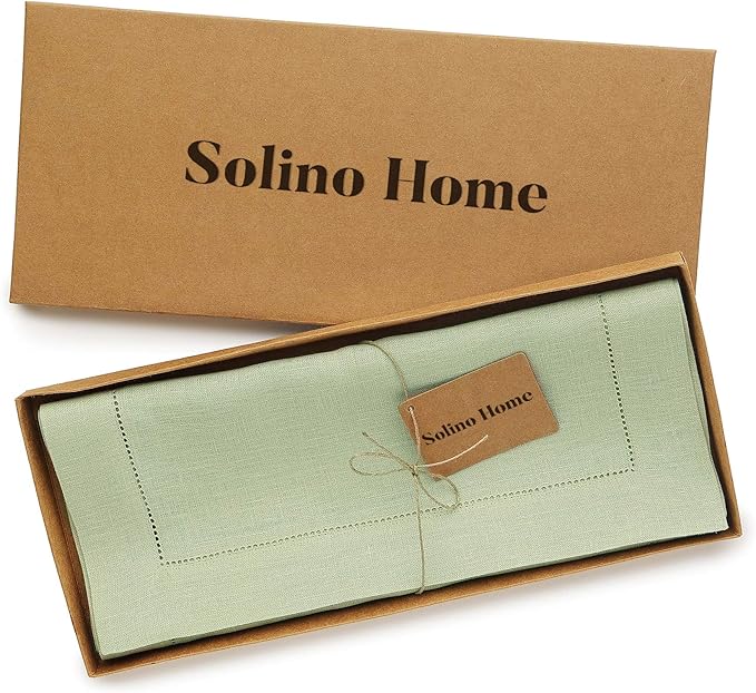 Solino Home Linen Sage Green Table Runner 72 Inches Long - 100% Pure Linen Hemstitch Table Runner 14 x 72 Inch for Dresser, Dining, Spring, Easter, St Patricks Day - Classic Hemstitch