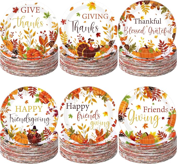60 Pcs 7 Inch Happy Friendsgiving Paper Plates Give Thanks Plates Decorations Fall Pumpkin Turkey Tableware for Autumn Harvest Thanksgiving Dinner BBQ Picnic Farmhouse Party Supplies