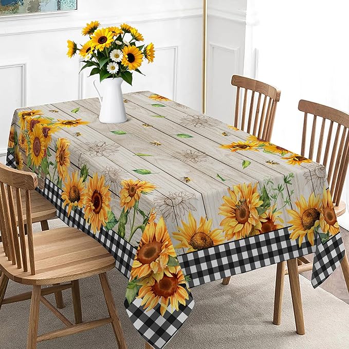 Sunflower Tablecloth 60 x 84 Inch Rectangle, Farmhouse Bee Decor Black White Buffalo Check Table Cloth for Party Dining Room