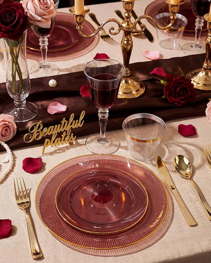 Hioasis 60pcs Burgundy and Gold Plastic Plates - Burgundy Disposable Dinnerware Set, 30pcs Dinner 10.25in & 30pcs Dessert 7.5in Plates with Striped Designs for Party & Wedding