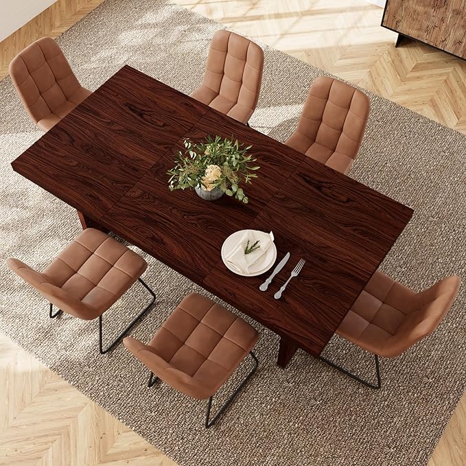 7-Piece Dining Table Set for 6 People, 70.8" MDF Kitchen Table with 6 Upholstered Chairs, Space-Saving for Dining Room, Breakfast Nook(Walnut Table+6 Brown Chairs)