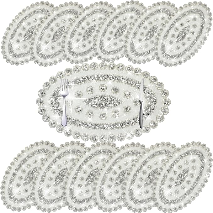 Sparkling Silver Diamond Placemats Bling Oval Place Mat Heat Elegant Table Decor for Weddings, Holidays, and Special Events (15x9 Inch)-12 PCS