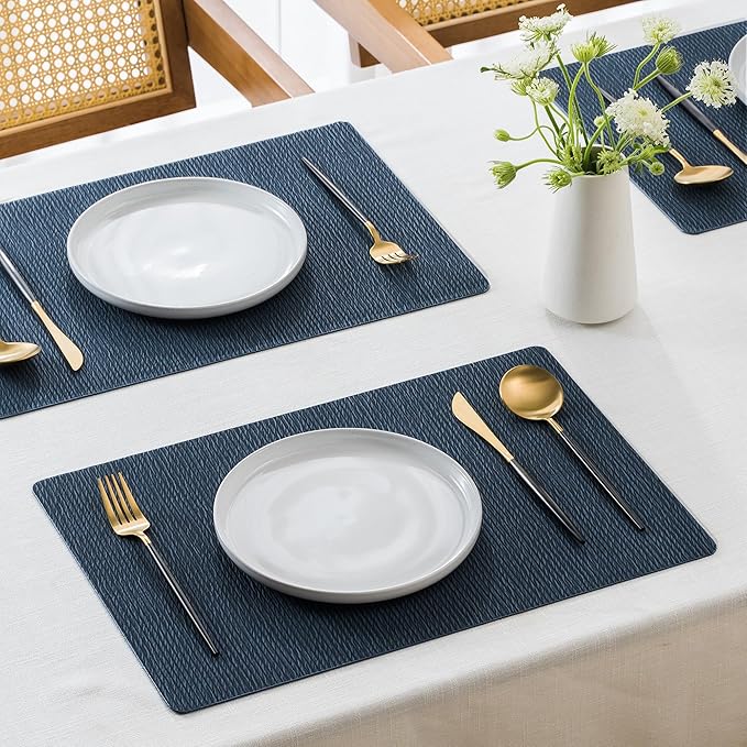 Jovono Faux Leather Placemats Set of 6, Waterproof Washable Table Mats, Easy-Clean Heat Resistant Kitchen Vinyl Place Mat for Dining Table, Restaurant, Indoor, 17.8"x11.8", Blue