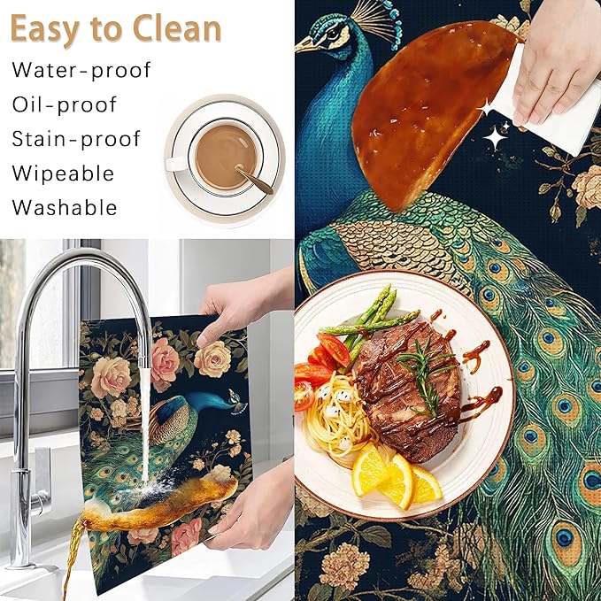 Peacock Placemats Set of 6,Floral Waterproof Non-Slip Washable Table Mats for Kitchen Dining Holiday Party Wedding Decor 12x18 Inch