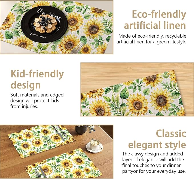 Watercolor Sunflower Placemats Set of 6, 12x18 Inch Waterproof Non-Slip Washable Seasonal Spring Table Mats for Kitchen Dining Party Table Decor
