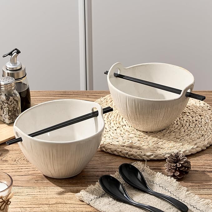 Ramen Bowl with Chopsticks and Spoons Set, 7 Inch Ceramic Noodle Bowl Set of 2, Dishwasher Safe for Pho Udon Soba Noodle Salad Pasta, Special Reactive Glazed White Bowls Set