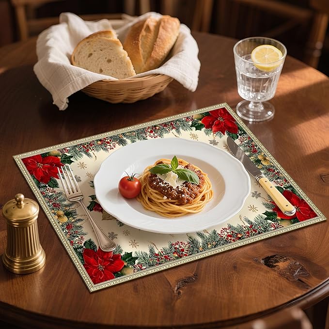Christmas Poinsettias Placemats Set of 4 Washable Table Place Mats for Dining Kitchen Party Decor