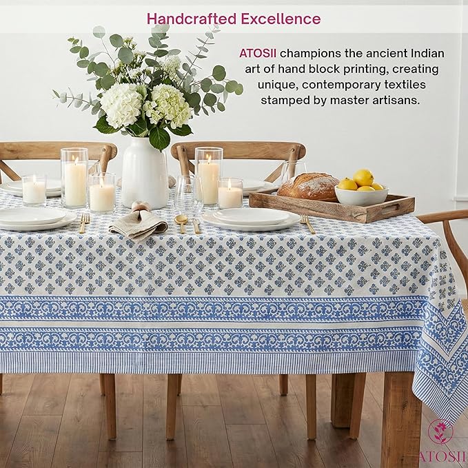 ATOSII Gulbahar Blue 100% Cotton Fall Rectangle Tablecloth, Hand Block Print Washable Table Cover, Christmas Parties Buffet Dining, Weddings, Thanksgiving Autumn Home Decor, 60 X 108 Inches 8 Seater