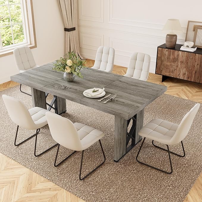 7-Piece Dining Table Set for 6 People, 70.8" MDF Kitchen Table with 6 Upholstered Chairs, Space-Saving for Dining Room, Breakfast Nook(Grey Table+6 White Chairs)