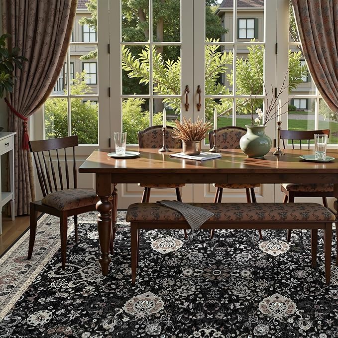 9x12 Rugs for Bedroom, Vintage Washable Rugs Non Slip Large Area Rug for Living Room Dining Room Office, Floor Decoration Big Rug Carpet Low-Pile Kid & Pet Friendly(Blcak Navy Multi
