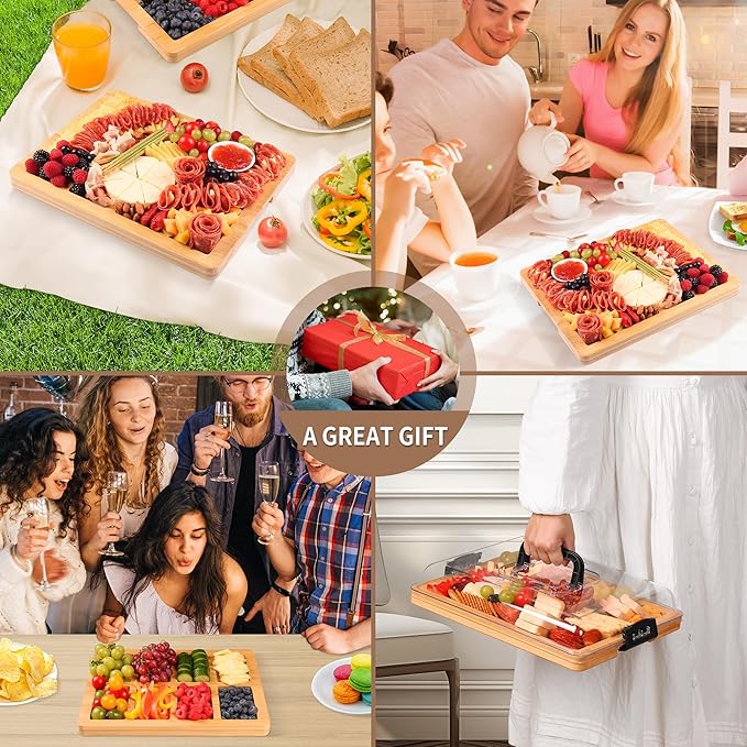 Charcuterie Board with Lid and Handle - Portable Travel Design Bamboo Cheese Board Set with 4 Cheese Tools, Gift for Housewarming, Weddings, Picnics (8 Compartments, Black)