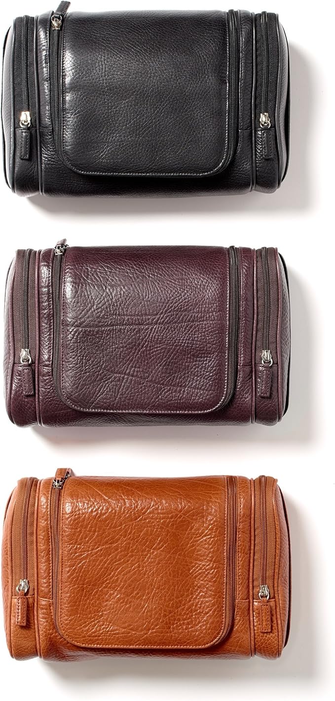 Leatherology Premium Ebony Hanging Toiletry Kit - Double zip closure, 2 exterior side zipper pockets, water-resistant lining