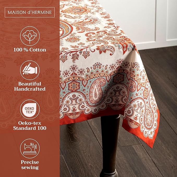 Maison d' Hermine Table Cloth Rectangle Table 100% Cotton 60 x 90 Inches Fall Tablecloth Reusable Everyday Use for Thanksgiving Christmas Decorations Dining Farmhouse Party (Cachemire)