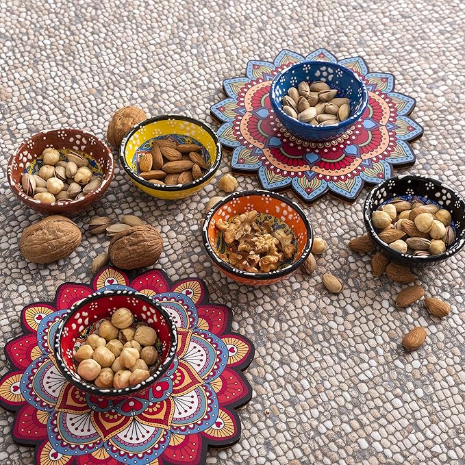 Turkish Ceramic Pinch Bowls Set of 6 – Small Dipping Bowls for Charcuterie Boards, Appetizers, Snacks & Sauces -Handcrafted Turkish Bowl for Serving, Decor & Gifts (3.2”)