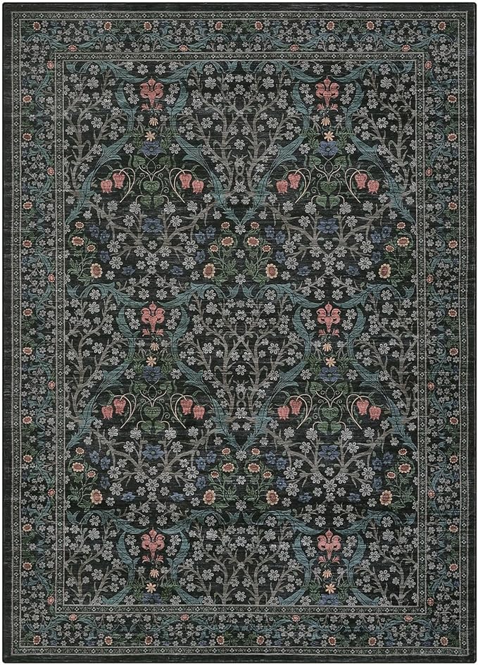 GarveeHome 6x9 Washable Area Rug for Living Room, Floral Dining Room Rugs for Under Table, Low Pile Non-Slip Stain Resistance Floor Carpet for Bedroom, Dark Black