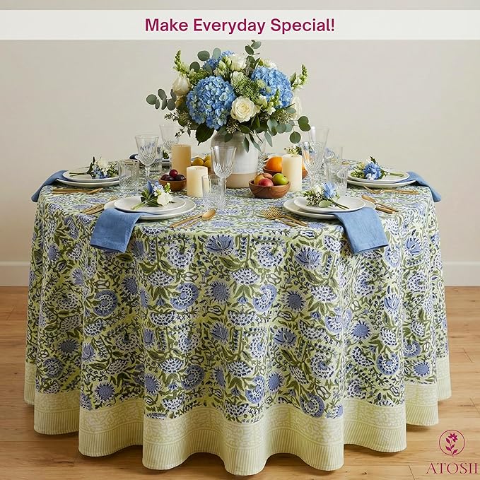 ATOSII Amara 100% Cotton Round Summer Tablecloth, Handblock Print Floral Table Cloth for Kitchen Dining Linen I Parties, Weddings, Outdoors I Grand Millennial Farmhouse Home Decor 72" Inches Round