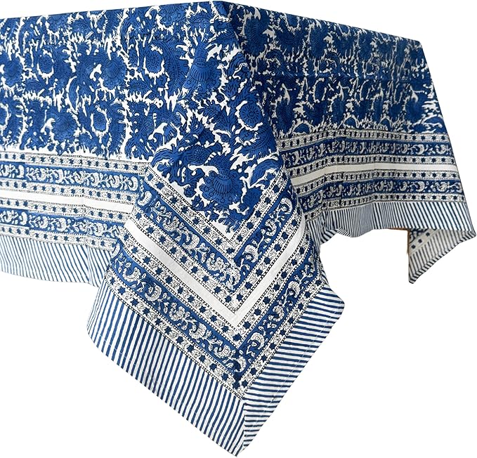 ATOSII Paradise Blue 100% Cotton Rectangle Summer Tablecloth, Handblock Floral Print Linen Table Cloth for Kitchen Dining I Parties, Weddings, Outdoors, 60 X 108 Inches I 8 Seater