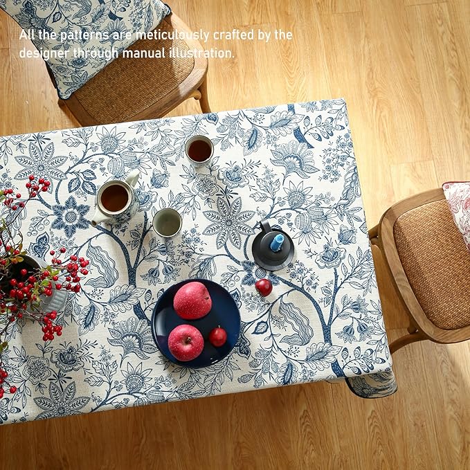 ISAENNE Designer French Linen Tablecloth Rectangular,Blue Floral Washable Indoor Table Cloth,Durable Home Decor Tablecloths for Dining Thanksgiving Kitchen Party Christmas,55"*87"-Ruyi B
