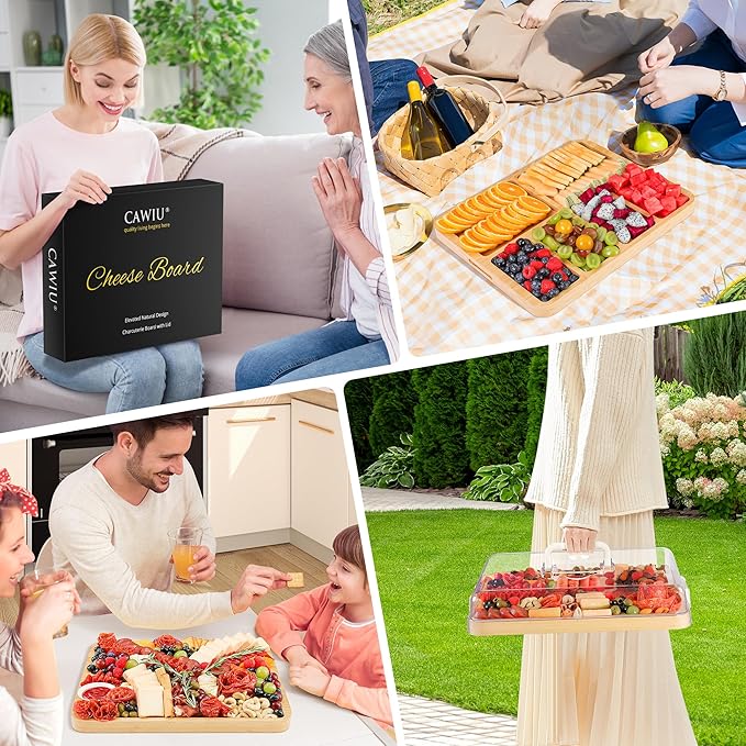 Portable Travel Charcuterie Board with Lid and Handle - Large Bamboo Cheese Board with 4 Cheese Knife Set for Outdoor, Picnics - Weddings, House Warming Gift for Women (6 Compartments, White)