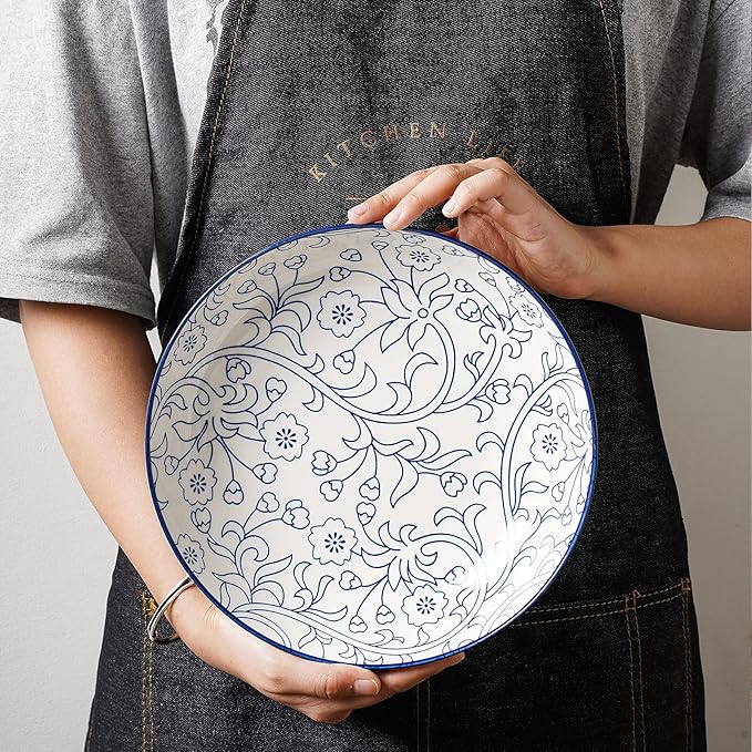 Selamica Porcelain 40oz Large Serving Bowls 9 inch Big Pasta Bowls Set of 4 for Eating, Microwave and Oven Safe, Vintage Blue