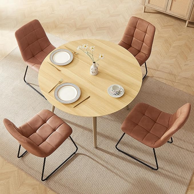 43.3 Inch Round Dining Table Set for 4, Modern Small Kitchen Coffee Set for Dining Room Kitchen Apartment (Cream Table+4 U-Shaped Brown Chairs)