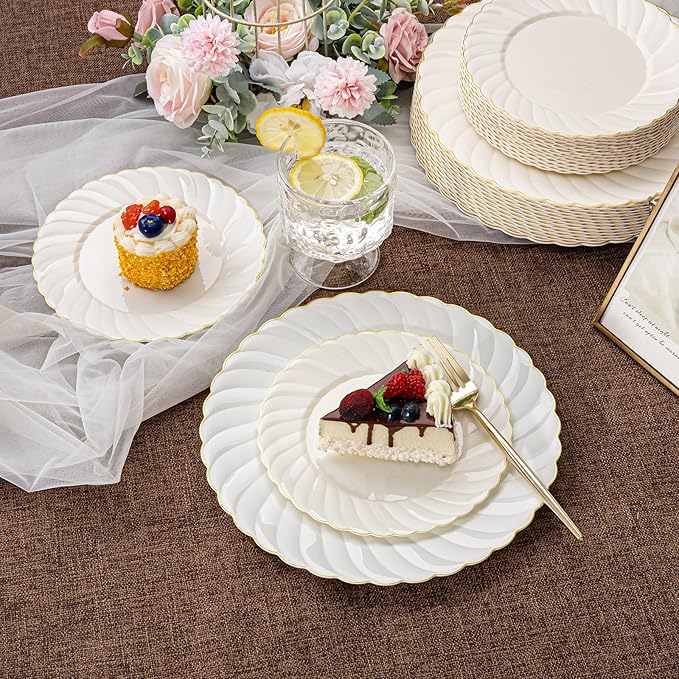 U-QE 60 Pcs Ivory Plastic Plates with Gold Trim – Scalloped Plate Disposable for Party - Elegant Plastic Plates Include 30 10.25" Dinner & 30 7.25" Dessert Plates for Party & Valentines Day