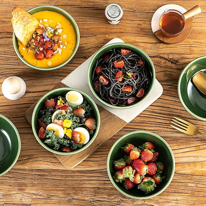 vicrays Ceramic Cereal Bowls Set - Porcelain 26 Ounce Soup Salad Bowls - Rice Dessert Cream Bowls Set - Chip Resistant Dishwasher Microwave Safe - Set of 6 (Green)