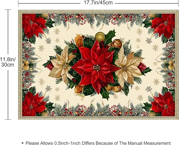 Christmas Poinsettias Placemats Set of 4 Washable Table Place Mats for Dining Kitchen Party Decor