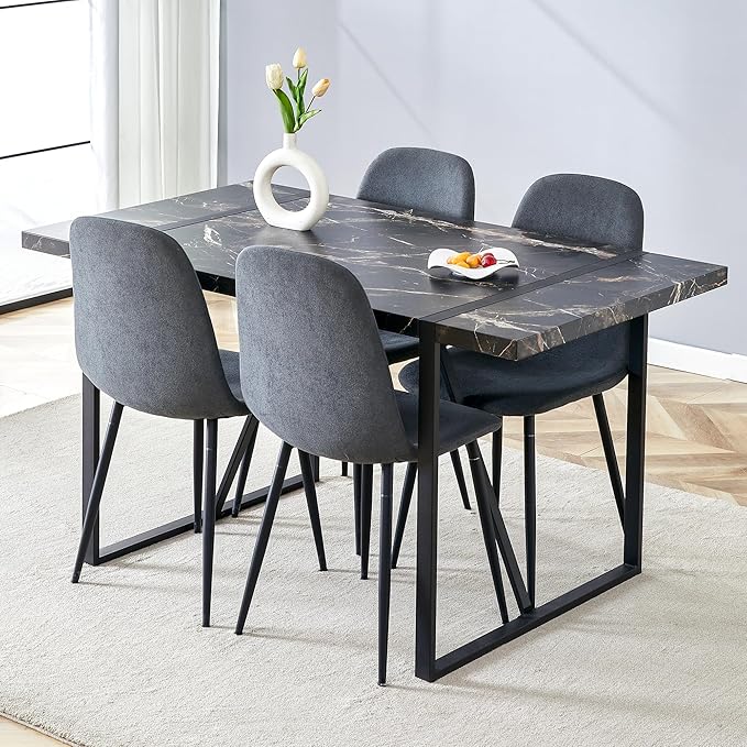 Dining Table Set for 4,Modern Rectangle Dining Table and Fabric Dining Chairs 4, 5 Piece Kitchen Table and Chairs for 4