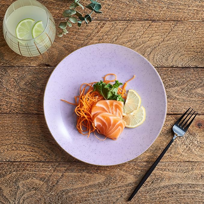 PLASTICPRO 30 Pack Disposable Plastic Plates Heavyweight Granite Look Elegant 9 inch Dinner Plates Purple with Gold Rim