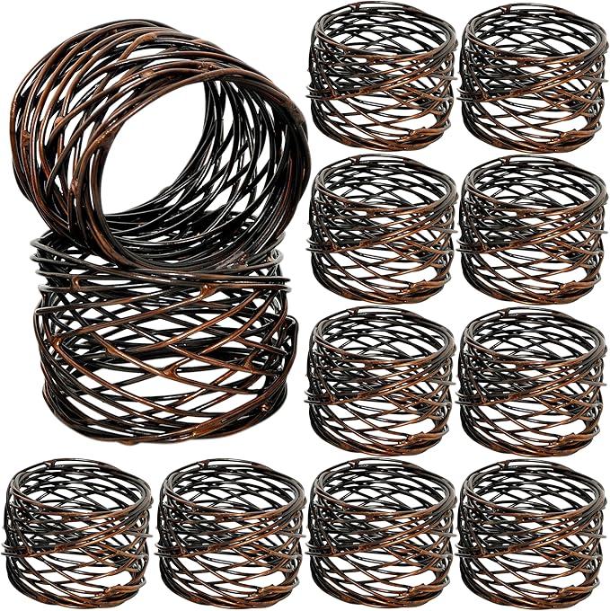 ALPHA Living HOME Heavyduty Napkin Rings - 12-Piece Elegant Mesh Metal Napkin Holders, Serviette Rings for Dining Table, Party Decoration, Weddings - Vintage Rustic Farmhouse Table Decor (Bronze)