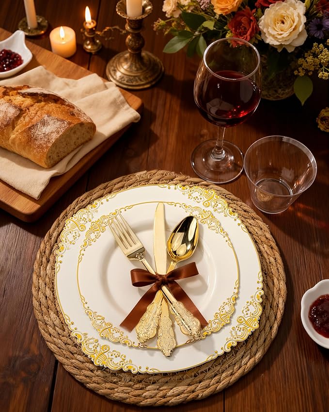 Nervure 350PCS Ivory Plastic Plates - Ivory Gold Plastic Dinnerware Sets for 50 Guests - 100 Gold Disposable Plates, 50 Pre Rolled Silverware Sets, 50 Cups Perfect for Wedding & Party