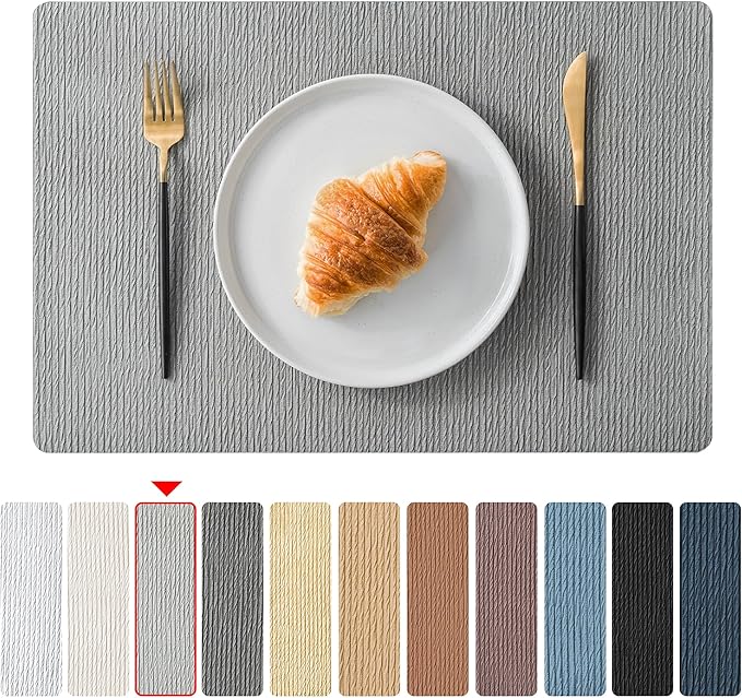 Jovono Faux Leather Placemats Set of 4, Waterproof Washable Table Mats, Easy-Clean Heat Resistant Kitchen Vinyl Place Mat for Dining Table, Restaurant, Indoor, 17.8"x11.8", Light Gray