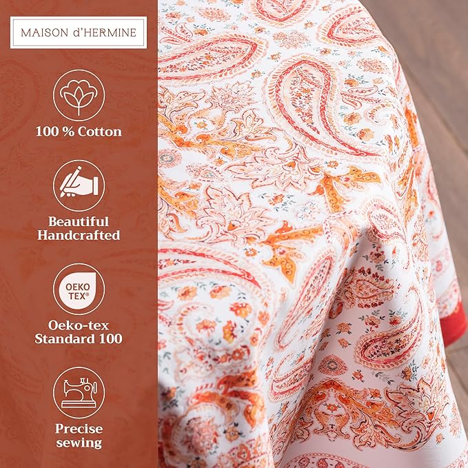 Maison d' Hermine Table Cloth Round Table 100% Cotton 63 Inches Fall Tablecloth Reusable Everyday Use for Thanksgiving Christmas Decorations Dining Farmhouse Party (Orient)