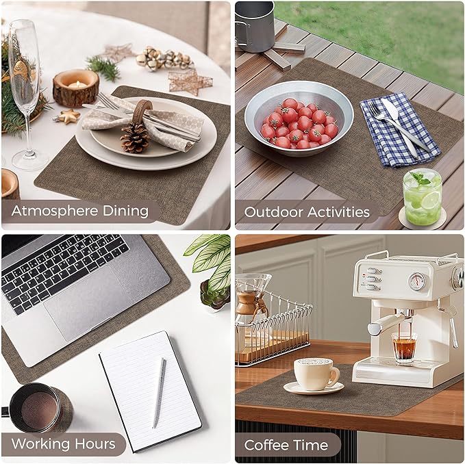 Vinyl Placemats Set of 6, Faux Leather Waterproof and Heat Resistant Place Mats, Washable Anti-Slip Table Mats with Coaster, Wipeable Placemats for Indoor & Outdoor 17" x 12" (Dark Coffee, Set of 6)