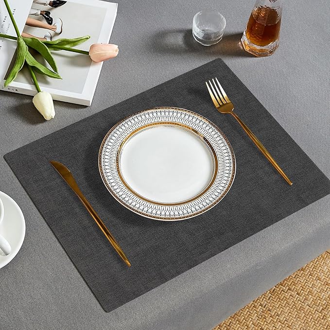 Faux Leather Placemats Set of 6, Heat Resistant Wipeable Washable Vinyl Place Mats, Waterproof Anti-Slip Dining Table Mats, Suitable for Indoor & Outdoor Use (Dark Grey)