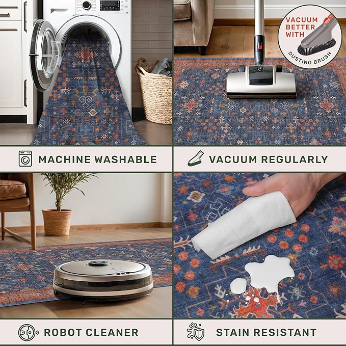 Navy Blue Runner Rug 2x6 for Kitchen, Hallway, Mudroom, Laundry Room, Bathroom, Washable Non Slip Non Skid Rubber Backing Low Pile Stain Resistance