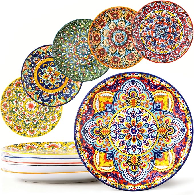 6piece Bohemian ceramic plates 8inch pasta plates spacious, suitable for microwave oven and dishwasher perfect for holiday parties and family gatherings
