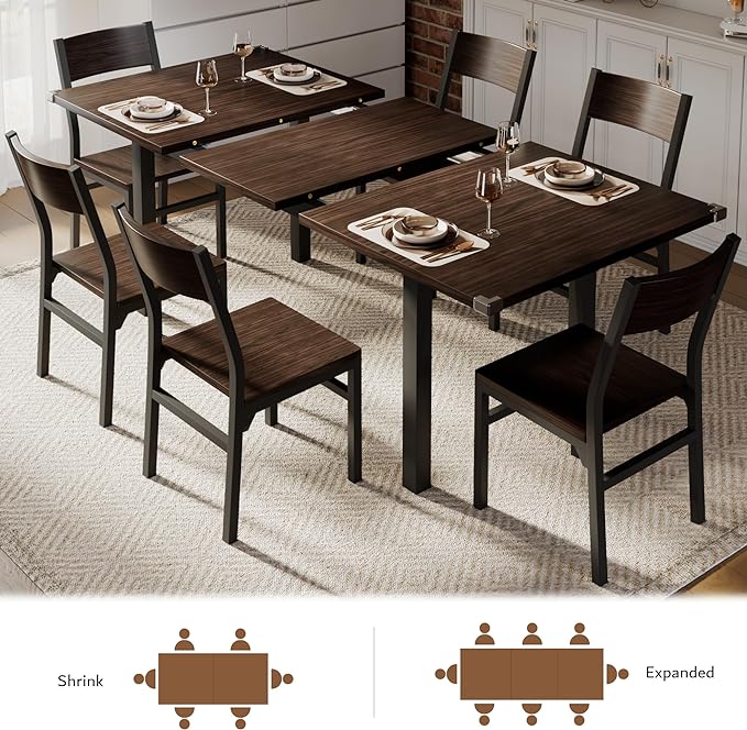 iPormis 7 Pieces Dining Table & Chairs Set for 4-6, 63" Extendable Kitchen Table and 6 Chairs, Dining Room Table with MDF Board & Metal Frame, Perfect for Small Space, Easy Clean, Espresso