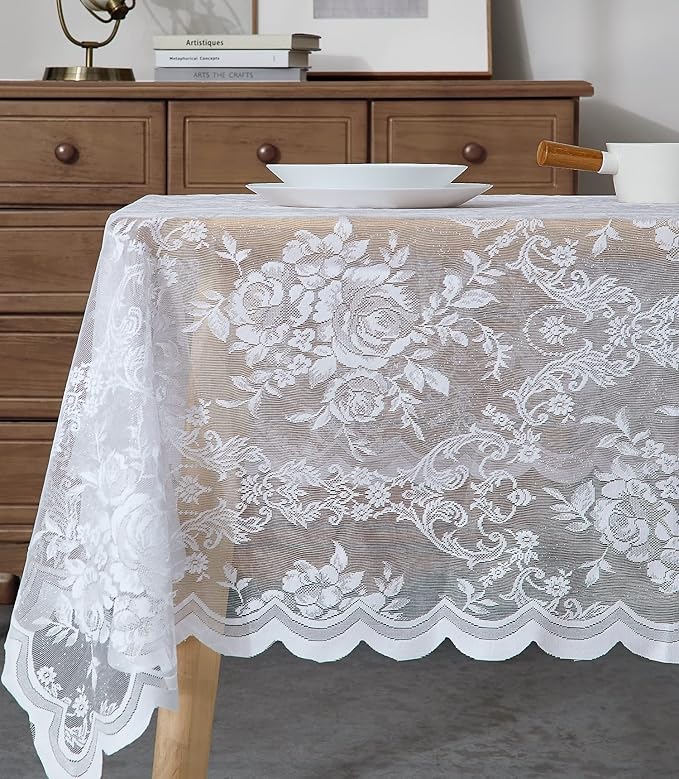 Warm Home Designs 60 x 104 Lace Tablecloth. White Rectangle Tablecloth with English Rose Design. Dining Table Cover for 8-10 Guests. (LTC White 104)