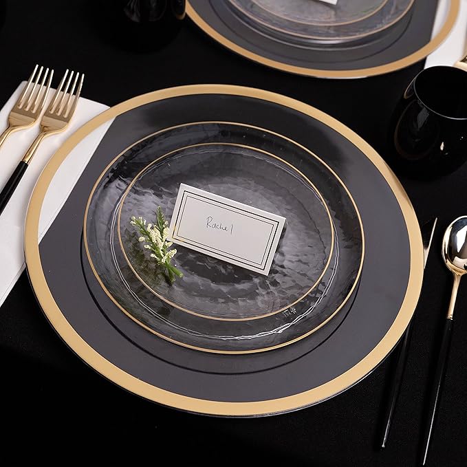 PLASTICPRO 64 Piece Combo Plates Set includes 32 7'' inch Plates & 32 9'' inch Plates Clear Plastic Organic Hammered Design Party Plates With Gold Rim, Premium heavyweight Elegant, Dishes,